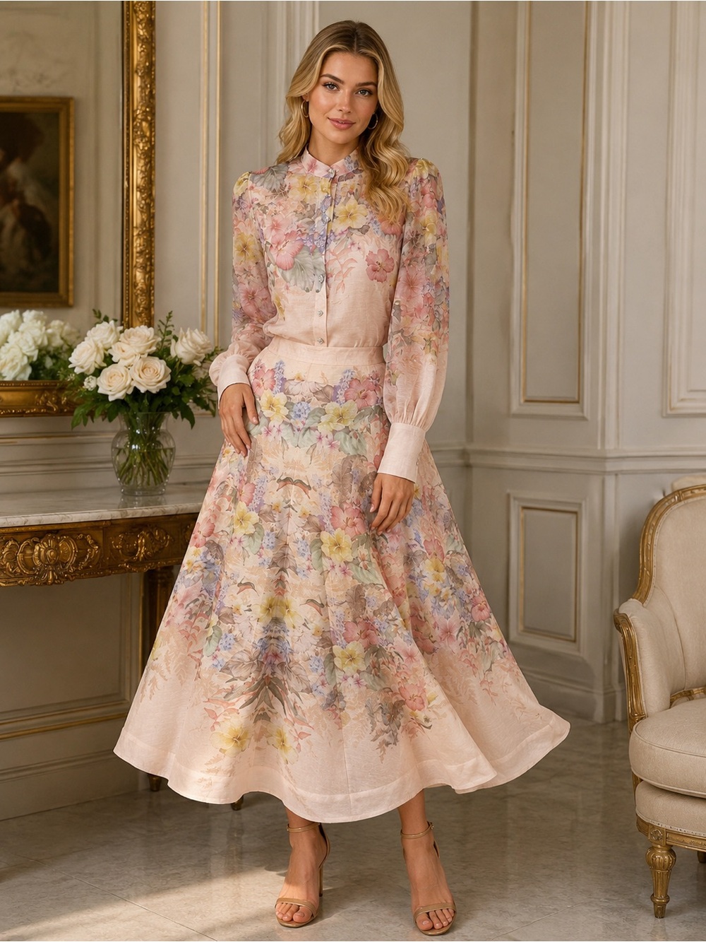 Zimmermann 4-Pieces Floral Luxury Set | Maxi Skirt | Top | Blouse | Belt